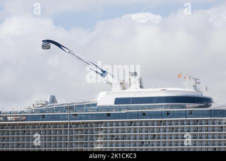 Las Palmas, Gran Canaria, Canary Islands, Spain. 17th September, 2022. Around 3,000 British tourists arrive in Las Palmas on Gran Canaria on cruise ship, Anthem of the Seas, during a cruise from the UK. Passengers will be at sea on the day of the Queen's funeral, with the ship not due back to Southampton until 24th, September. PICTURED: The 41 metre long` North Star` observation capsule, which can carry 14 people, can been seen in operation above the upper deck. Alan Dawson/ Alamy Live News. Stock Photo